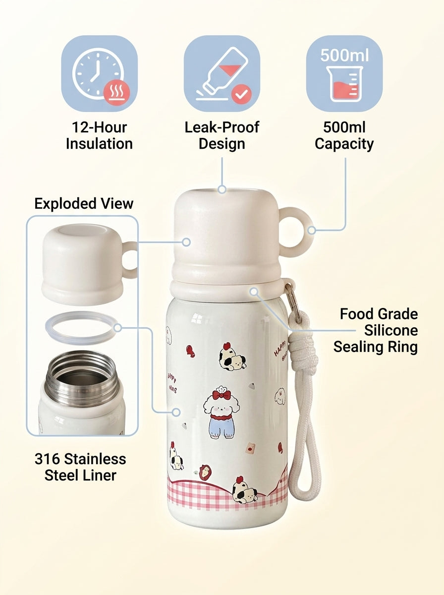 Cute Dog Kids Insulated Water Bottle - Leakproof Thermos close-up view