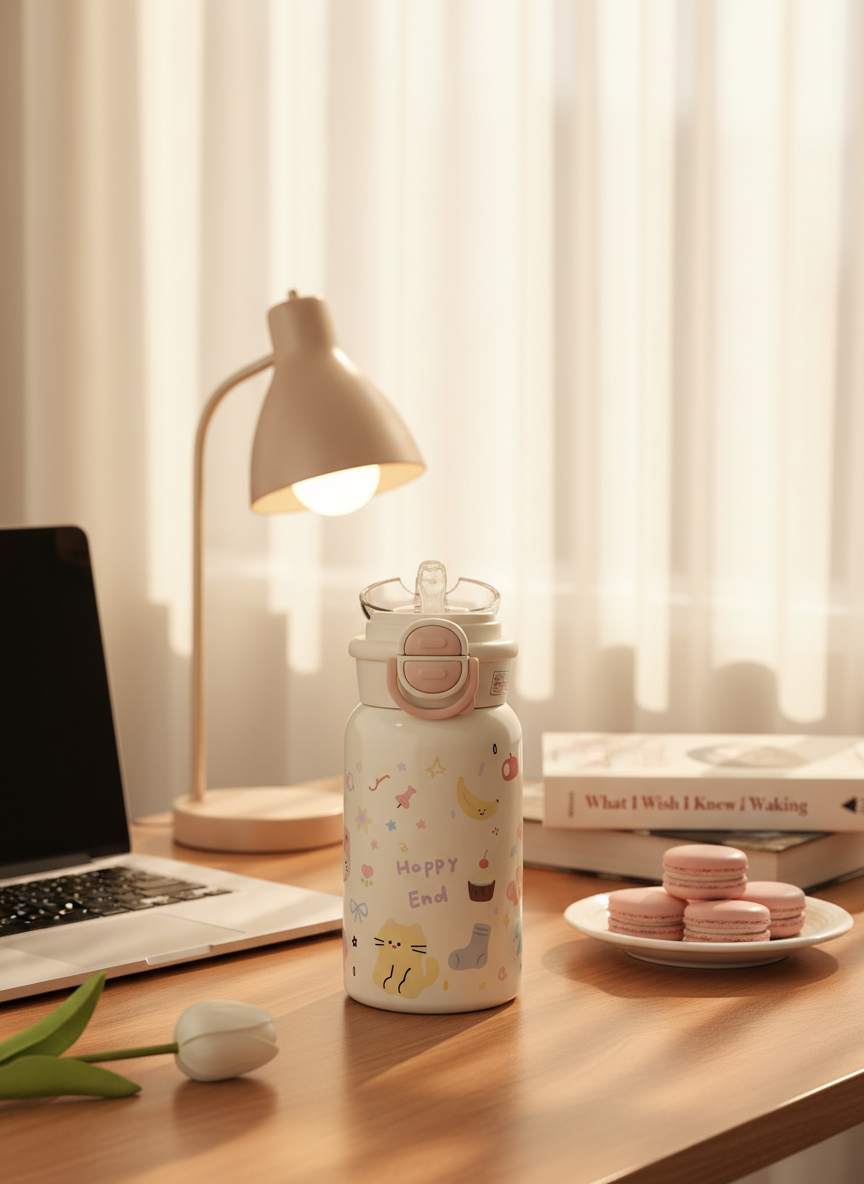 Kids Insulated Water Bottle with Straw - Leakproof Thermos side view