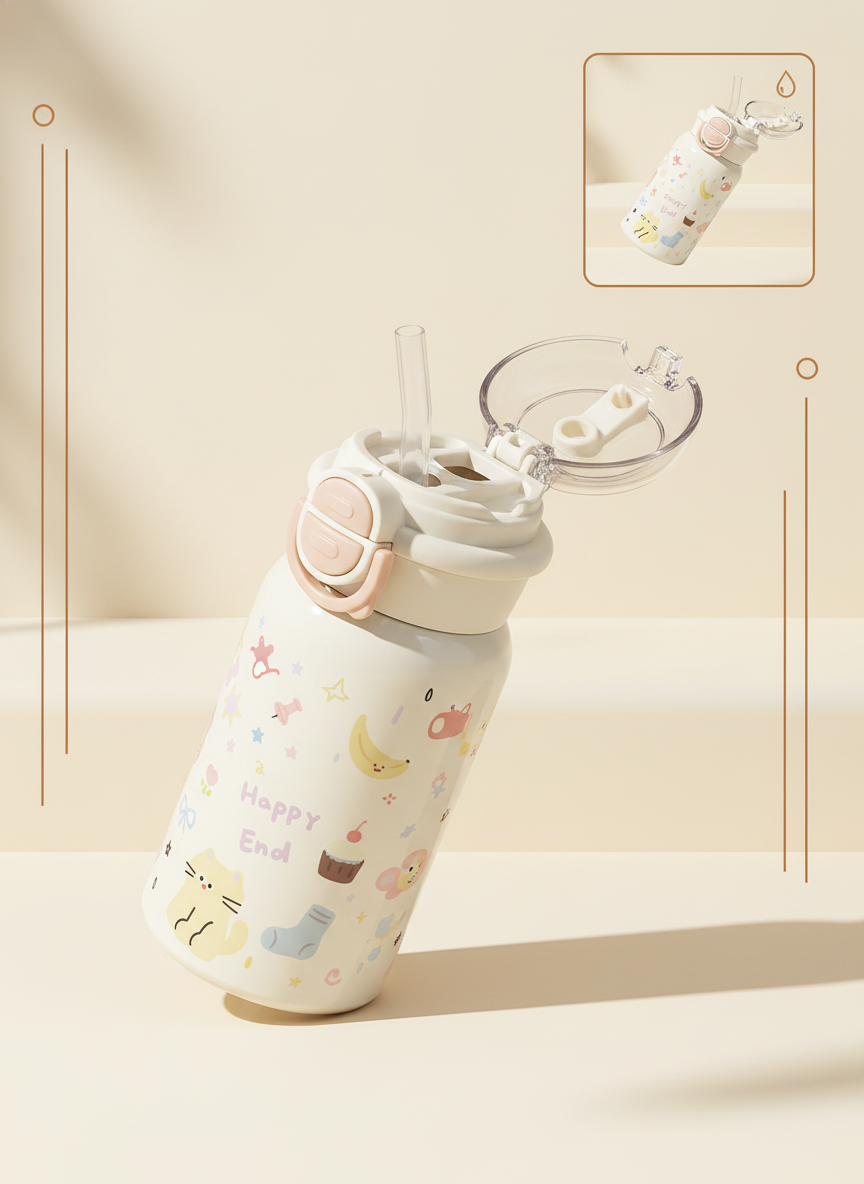 Kids Insulated Water Bottle with Straw - Leakproof Thermos detail view