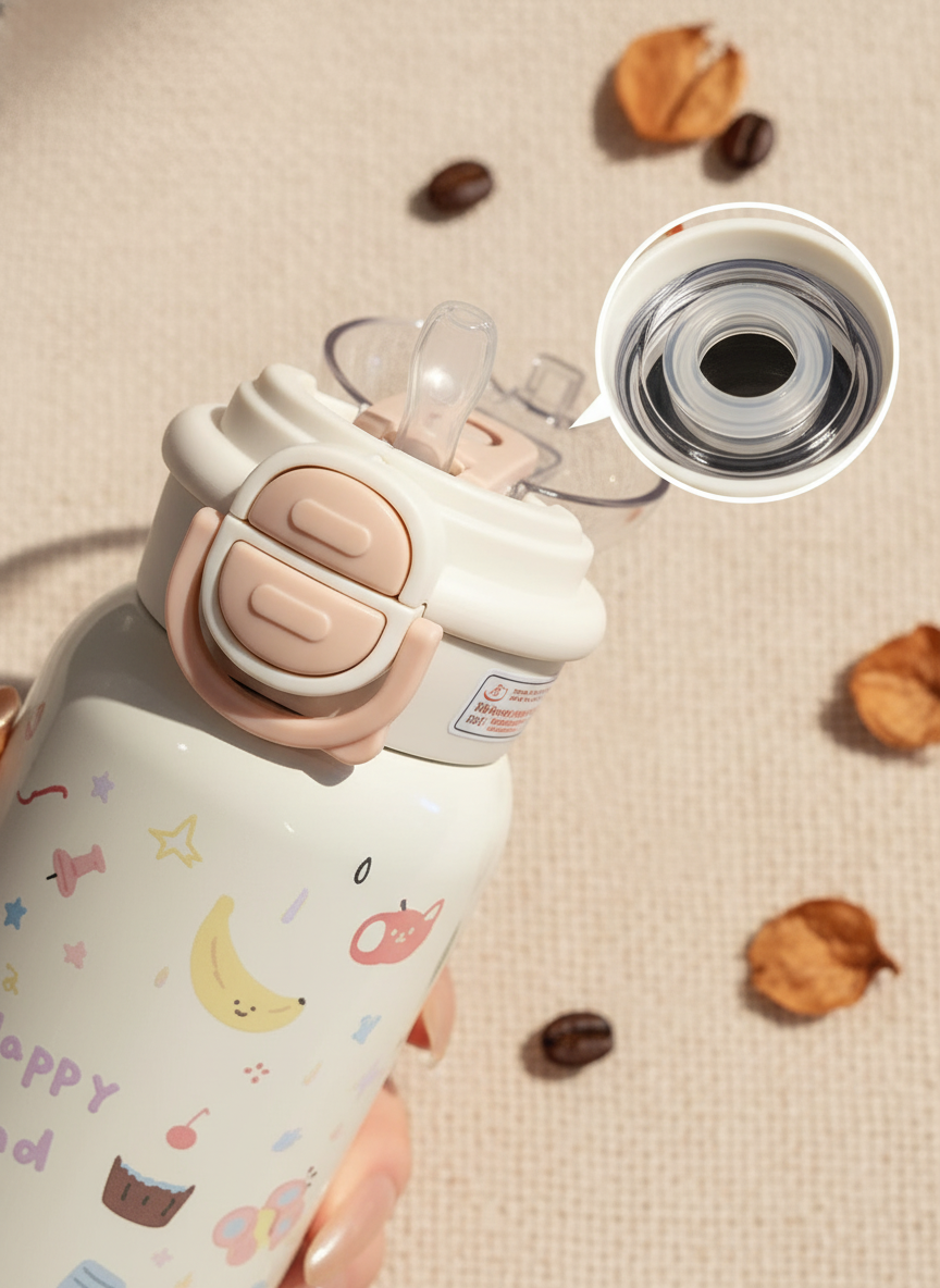 Kids Insulated Water Bottle with Straw - Leakproof Thermos close-up view