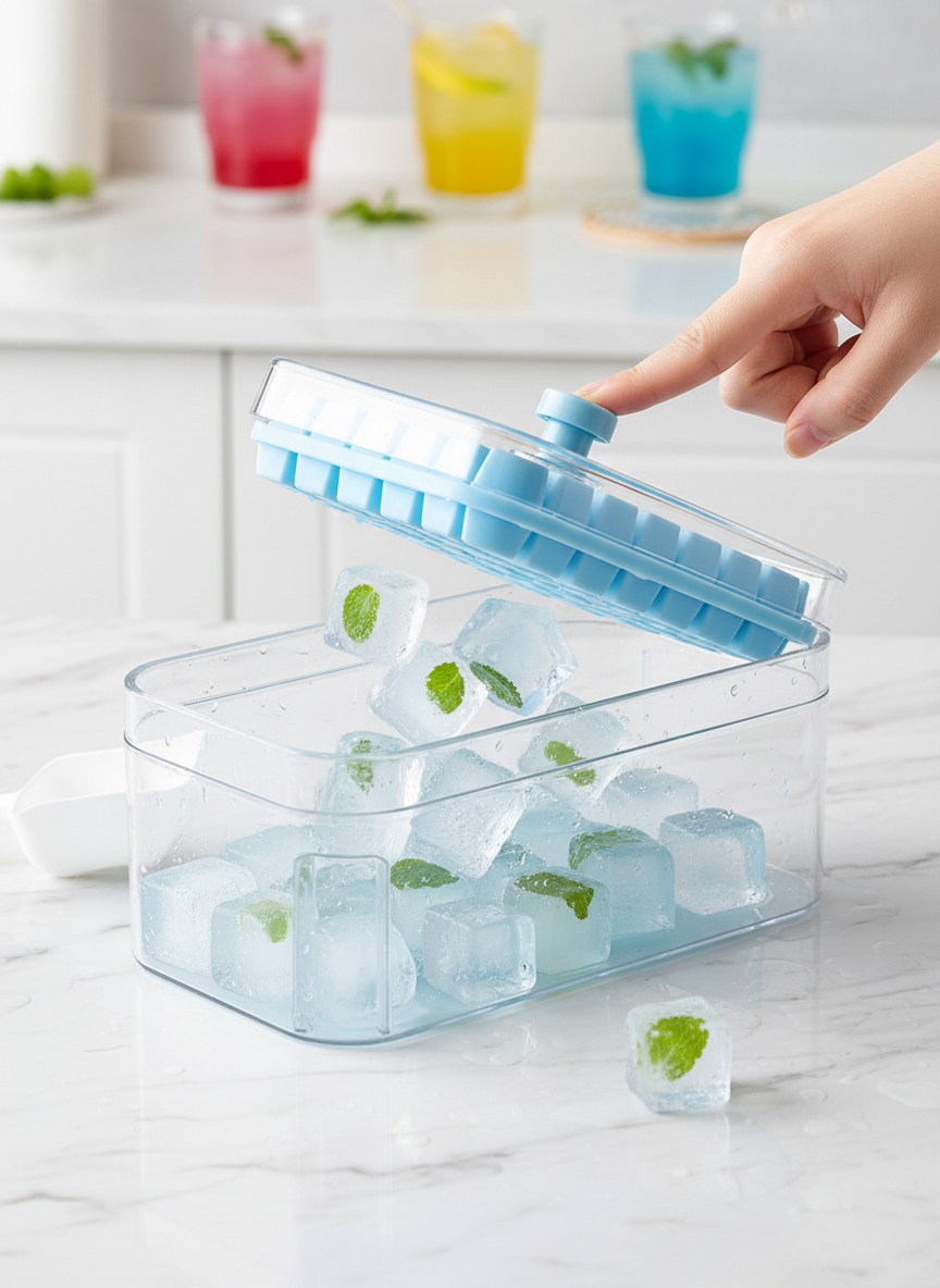 Ice Cube Tray with Lid and Press Release - Easy Pop Silicone Ice Maker side view
