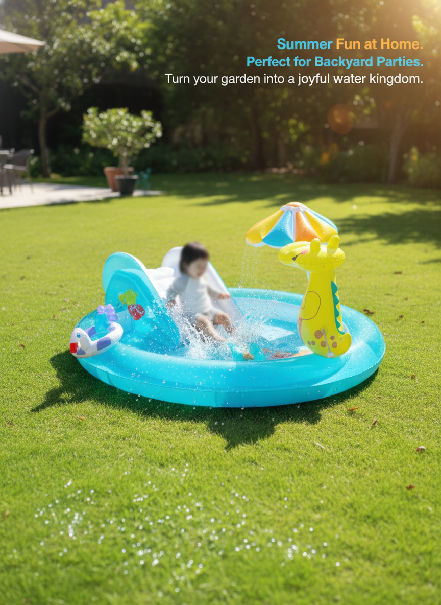 Inflatable Kids Splash Pad Pool with Slide and Sprinkler front view