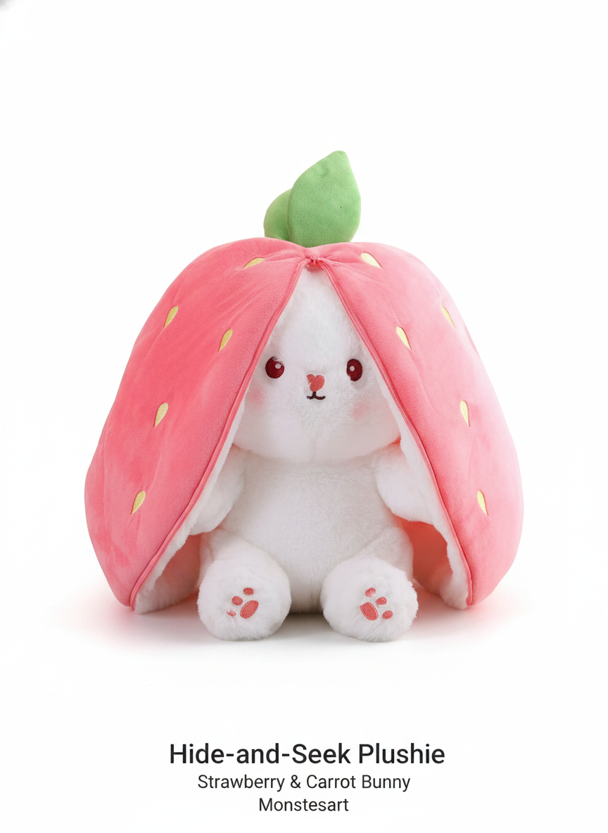 Kawaii Strawberry Bunny Plush - Hide and Seek Stuffed Animal lifestyle view