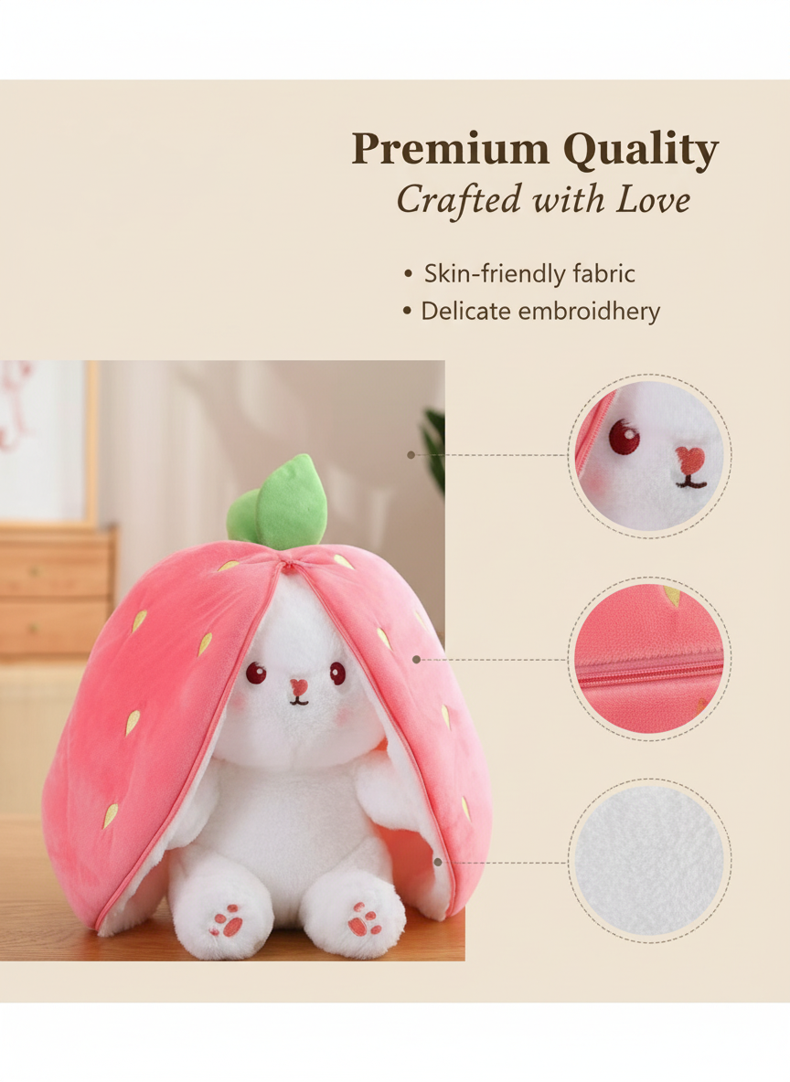 Kawaii Strawberry Bunny Plush - Hide and Seek Stuffed Animal detail view