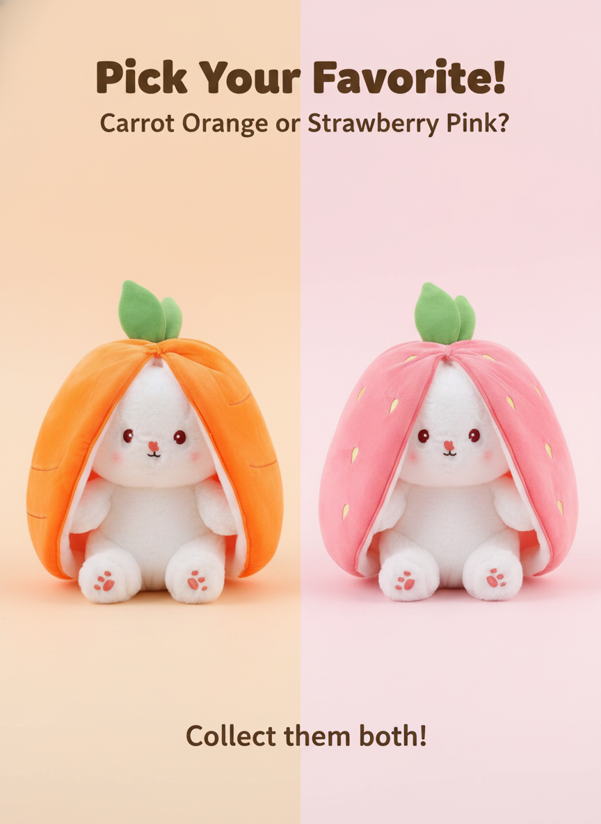 Kawaii Strawberry Bunny Plush - Hide and Seek Stuffed Animal front view