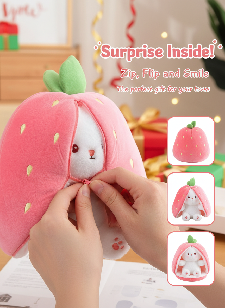 Kawaii Strawberry Bunny Plush - Hide and Seek Stuffed Animal close-up view
