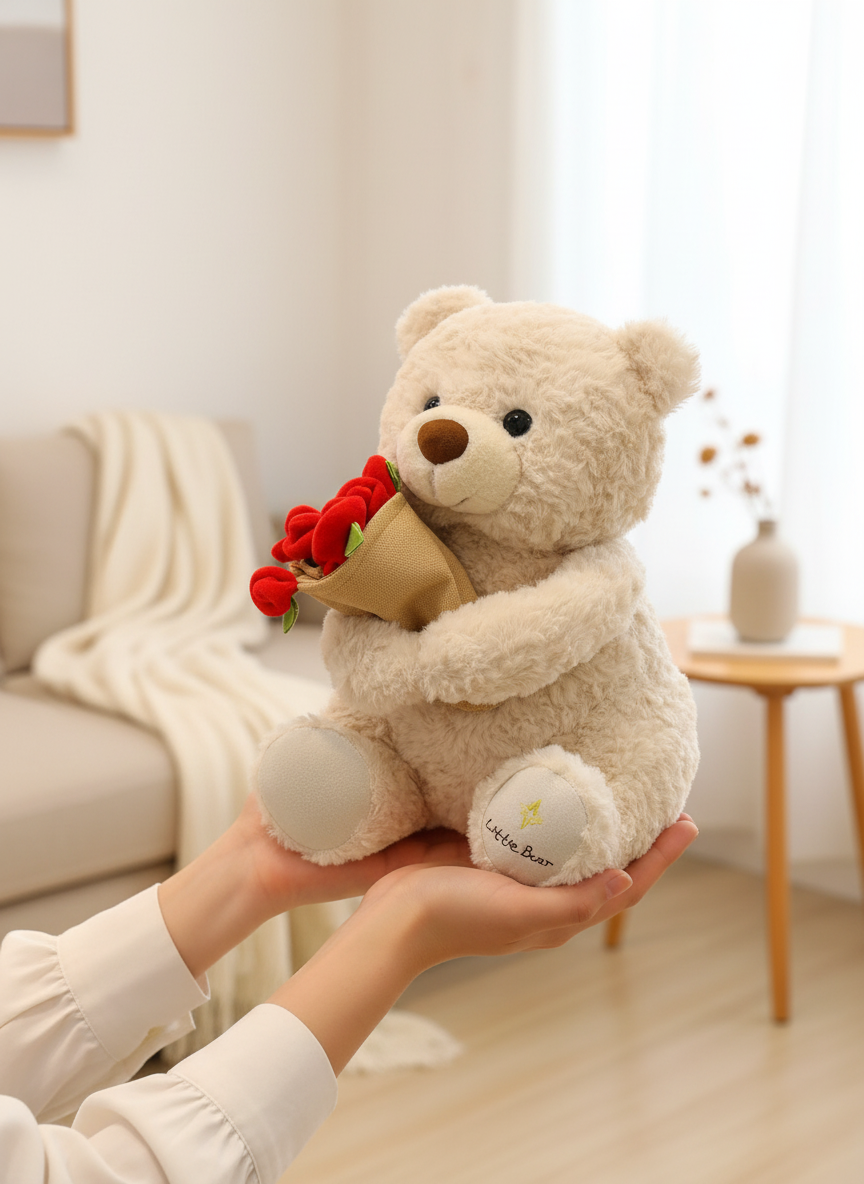 Teddy Bear Plush Toy with Rose Bouquet - Soft Stuffed Bear Gift side view