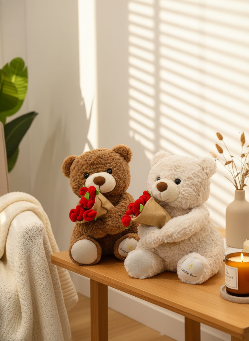 Teddy Bear Plush Toy with Rose Bouquet - Soft Stuffed Bear Gift detail view
