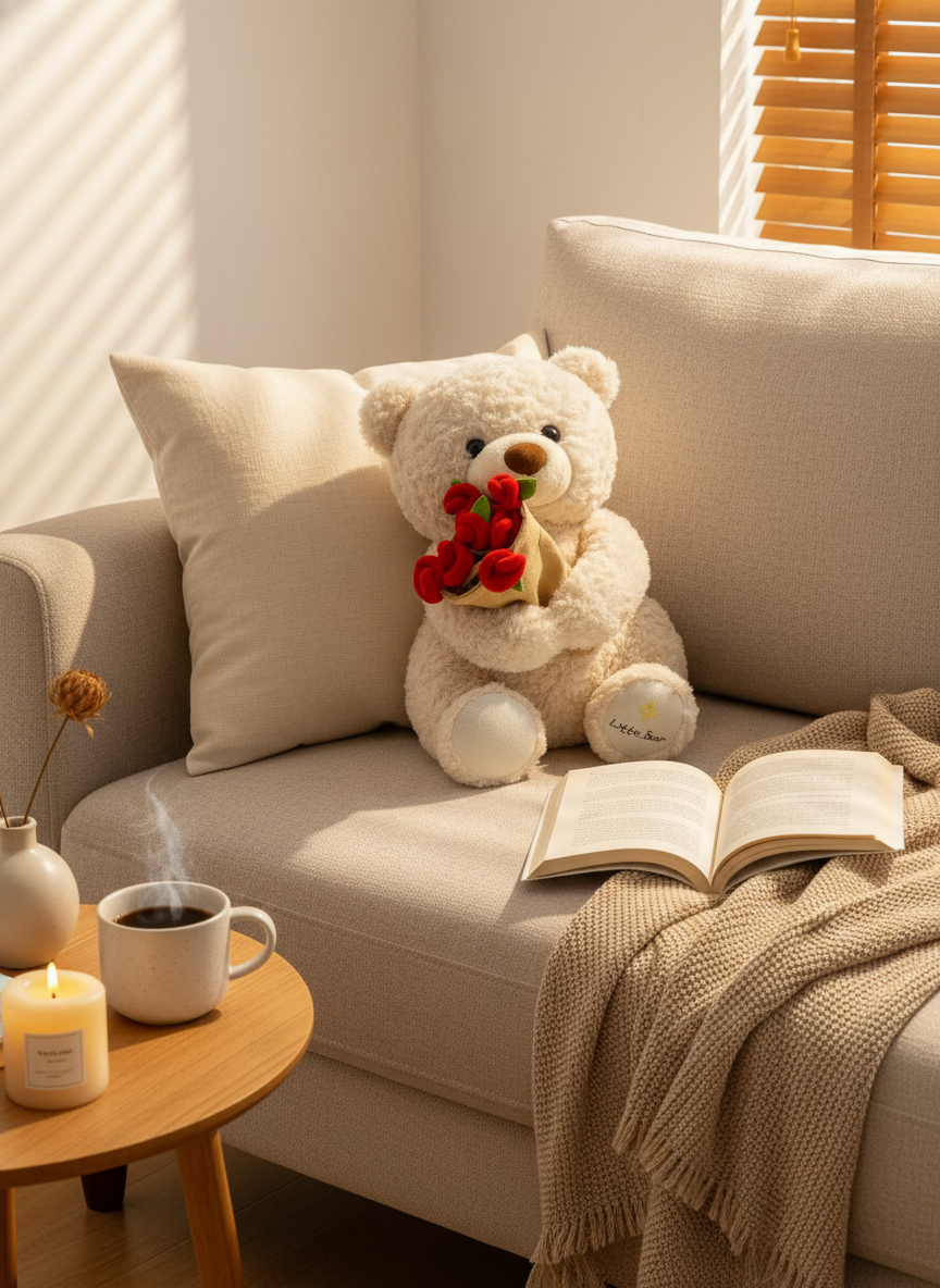 Teddy Bear Plush Toy with Rose Bouquet - Soft Stuffed Bear Gift close-up view