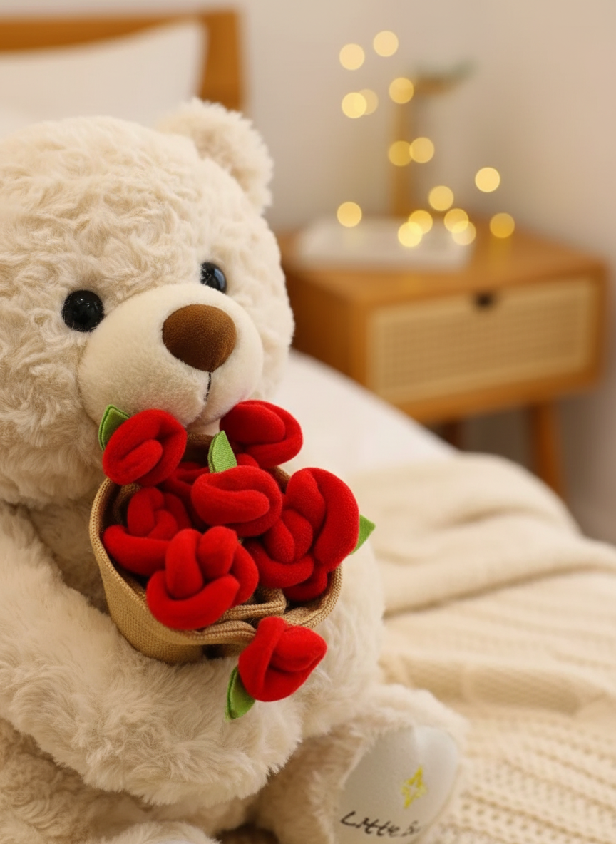 Teddy Bear Plush Toy with Rose Bouquet - Soft Stuffed Bear Gift lifestyle view