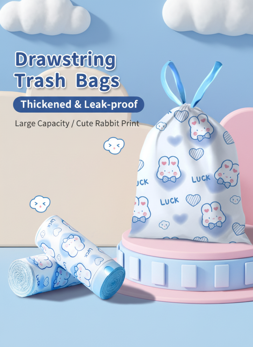 Cute Rabbit Print Drawstring Trash Bags - 108 Count 2 Rolls close-up view