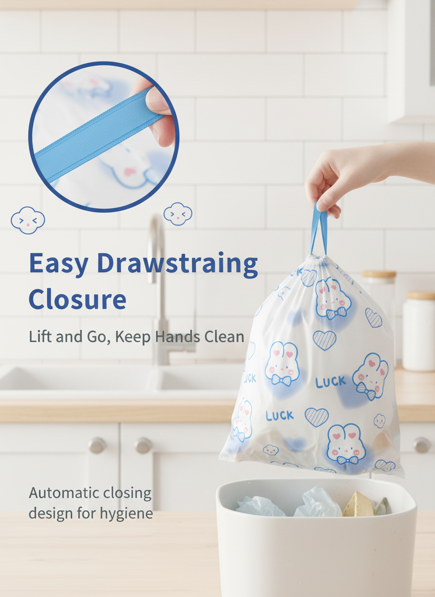 Cute Rabbit Print Drawstring Trash Bags - 108 Count 2 Rolls detail view