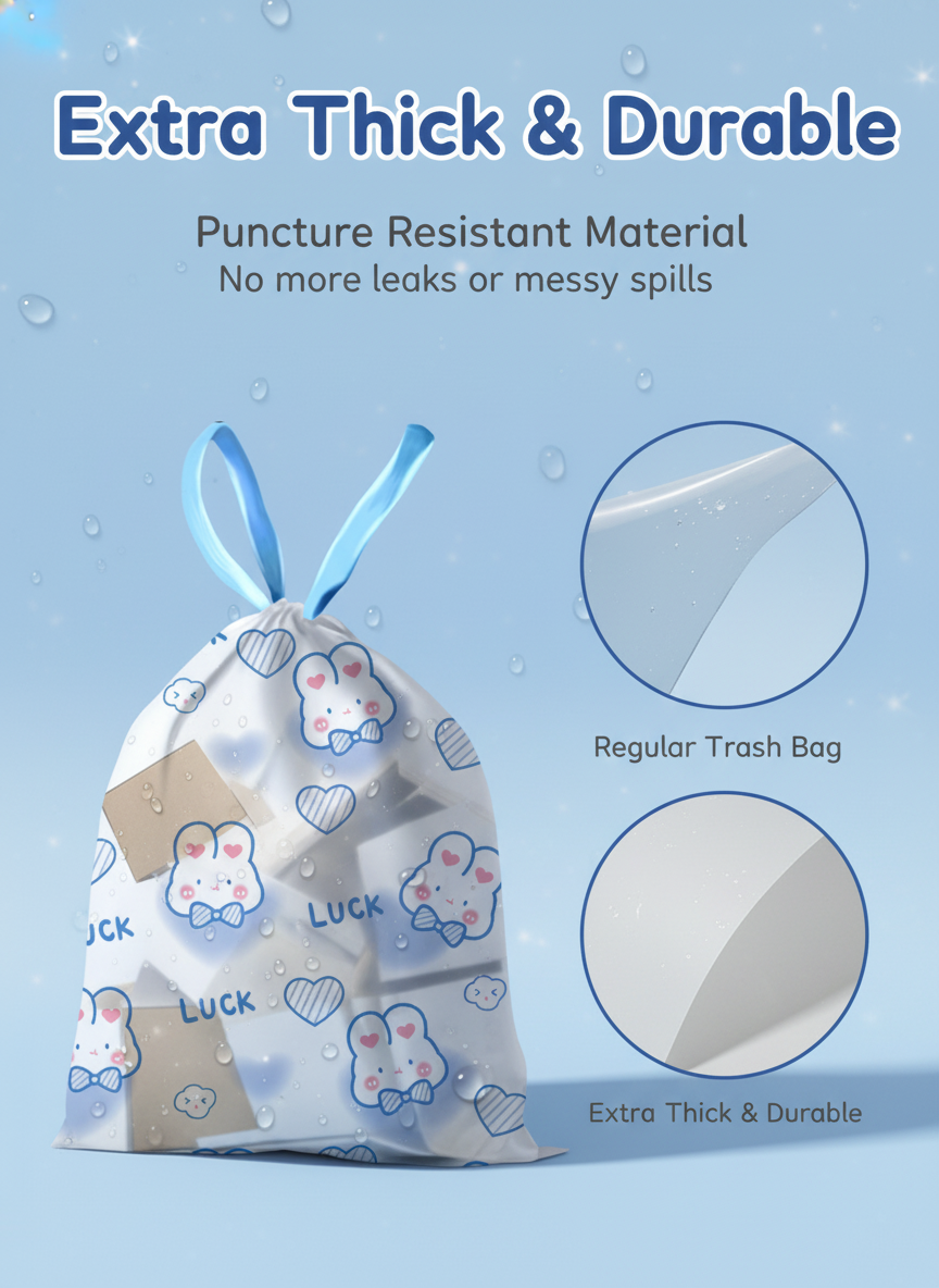 Cute Rabbit Print Drawstring Trash Bags - 108 Count 2 Rolls side view