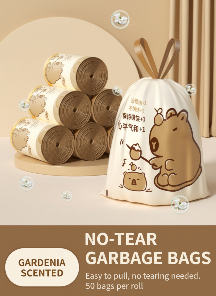 Gardenia Scented Drawstring Trash Bags - 50 Count Capybara Print front view