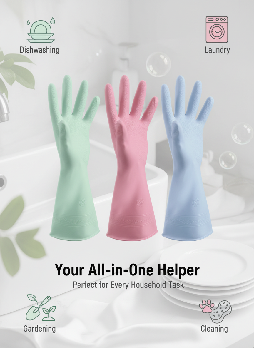 Reusable Kitchen Cleaning Gloves - Waterproof Non-Slip Rubber front view