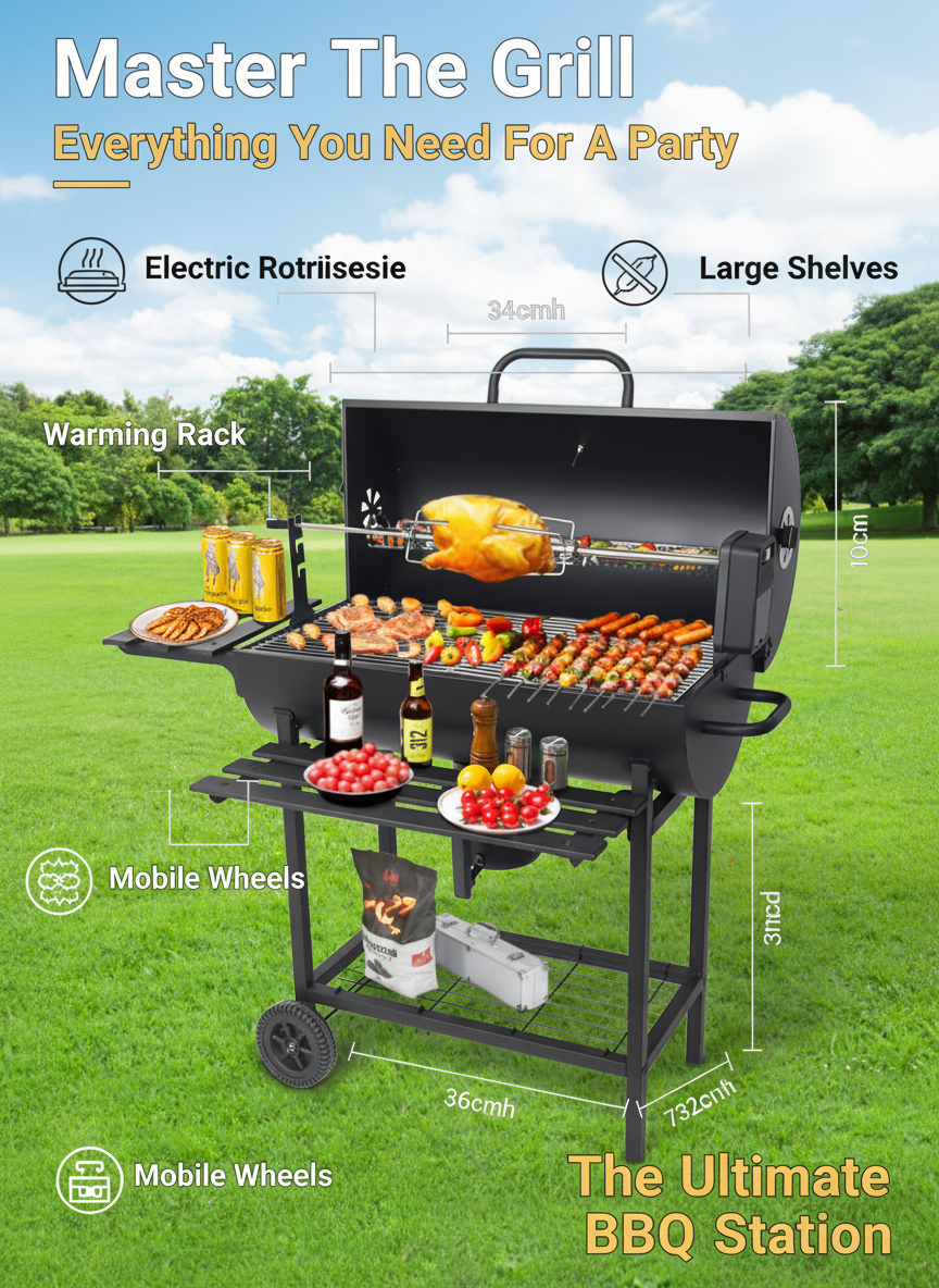 Charcoal BBQ Grill with Electric Rotisserie - Large Portable Grill front view