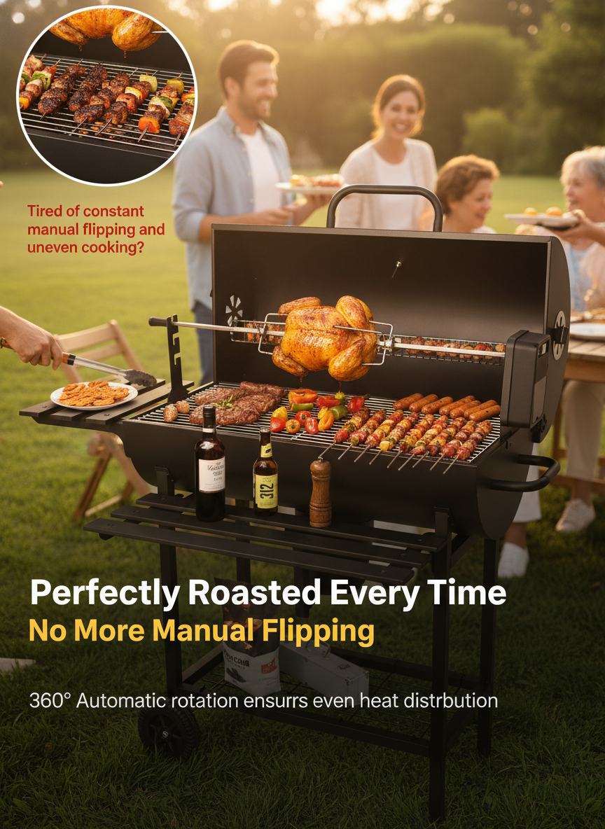 Charcoal BBQ Grill with Electric Rotisserie - Large Portable Grill detail view