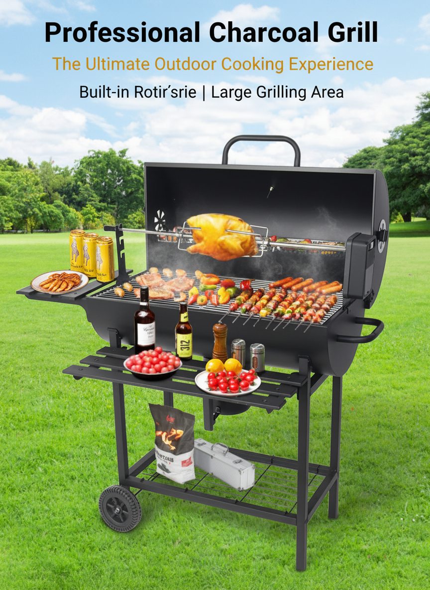 Charcoal BBQ Grill with Electric Rotisserie - Large Portable Grill lifestyle view