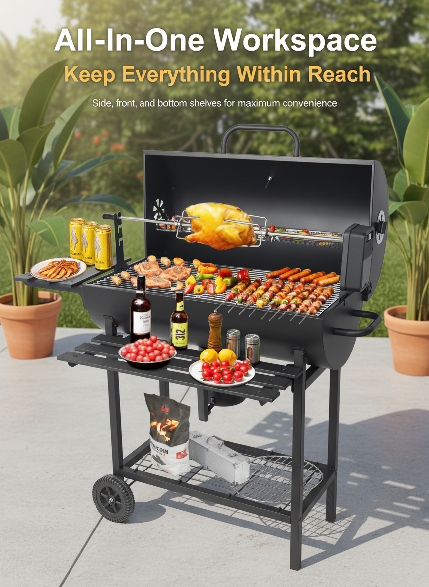 Charcoal BBQ Grill with Electric Rotisserie - Large Portable Grill close-up view