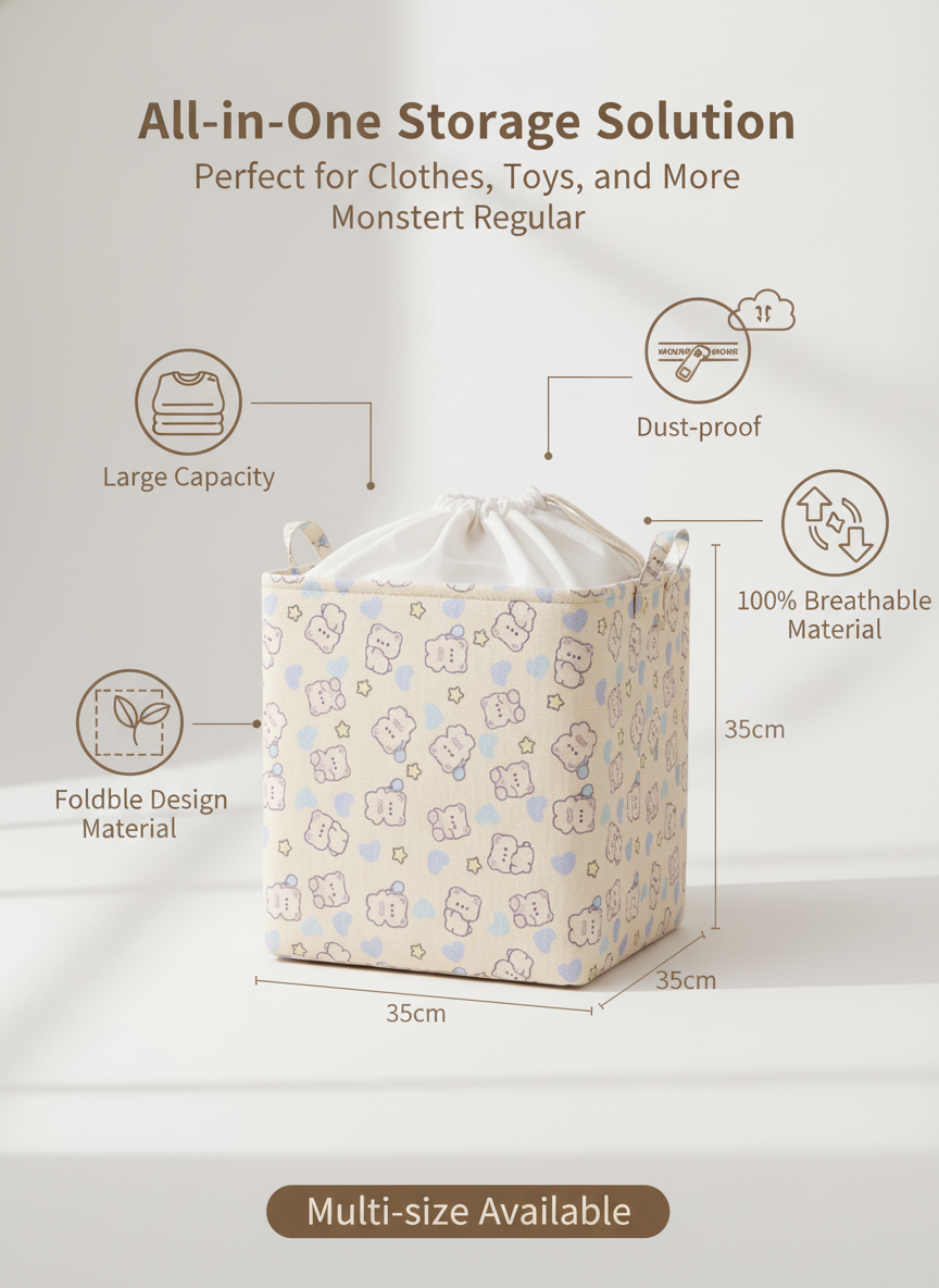 Cute Foldable Toy Storage Basket - Kids Nursery Organizer Bin side view