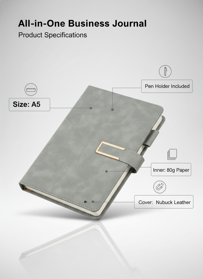 Premium A5 Leather Notebook with Magnetic Buckle - Soft Cover Journal front view