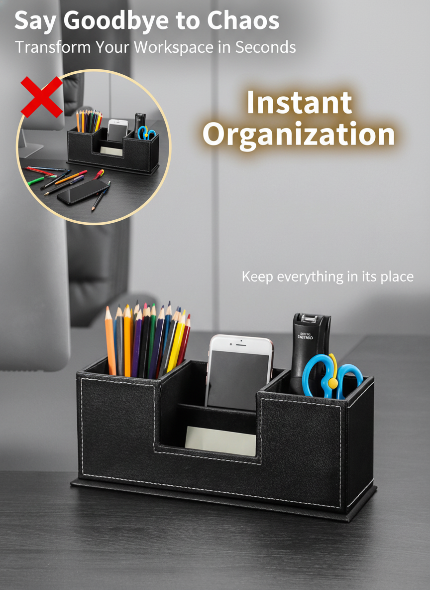 PU Leather Desk Organizer - Multi-Compartment Office Caddy detail view