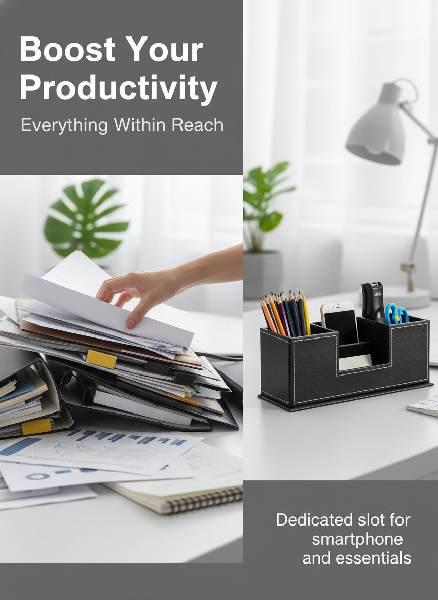 PU Leather Desk Organizer - Multi-Compartment Office Caddy close-up view