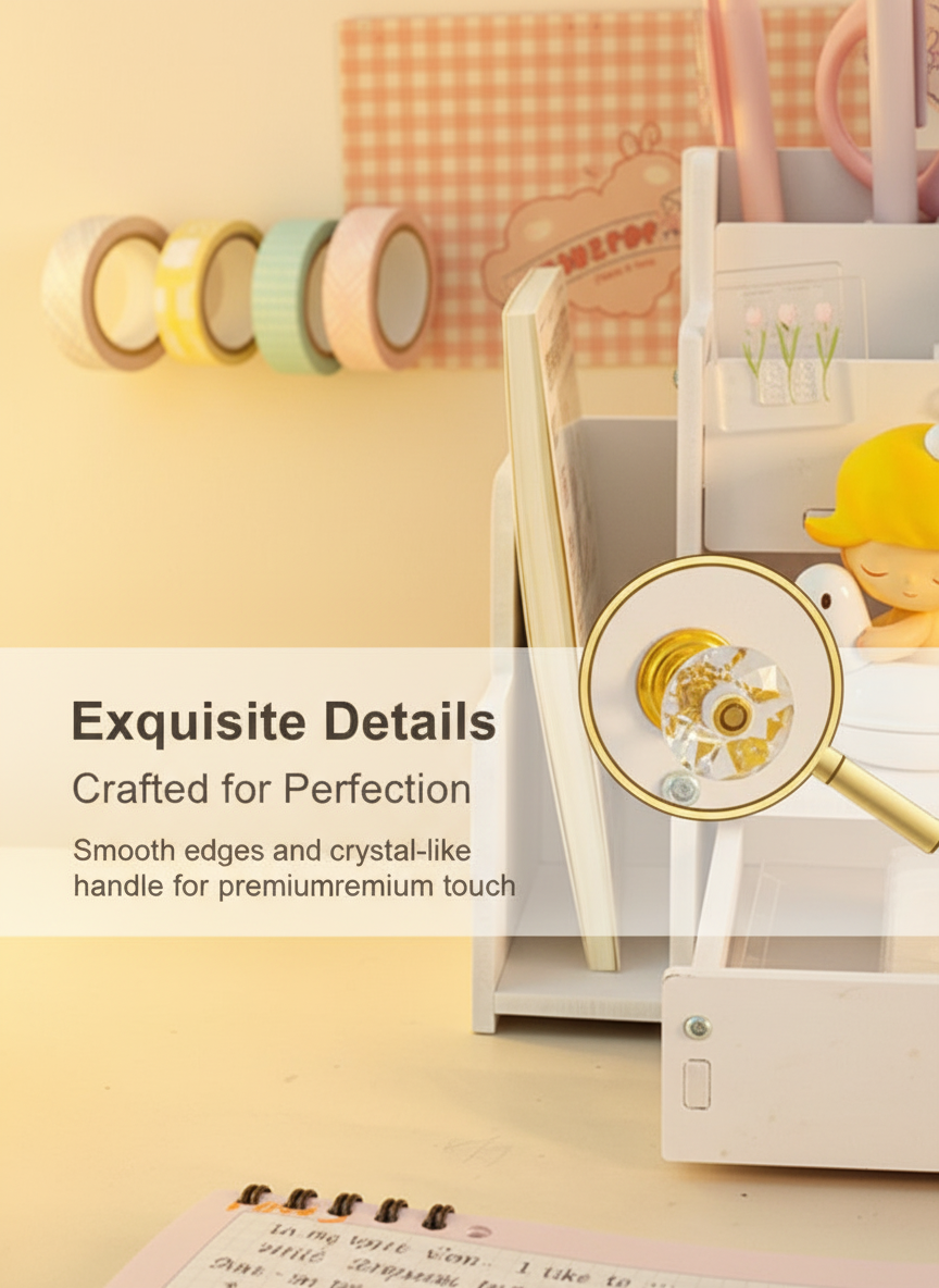 Kawaii Desk Organizer with Drawer - Cute Stationery Storage side view