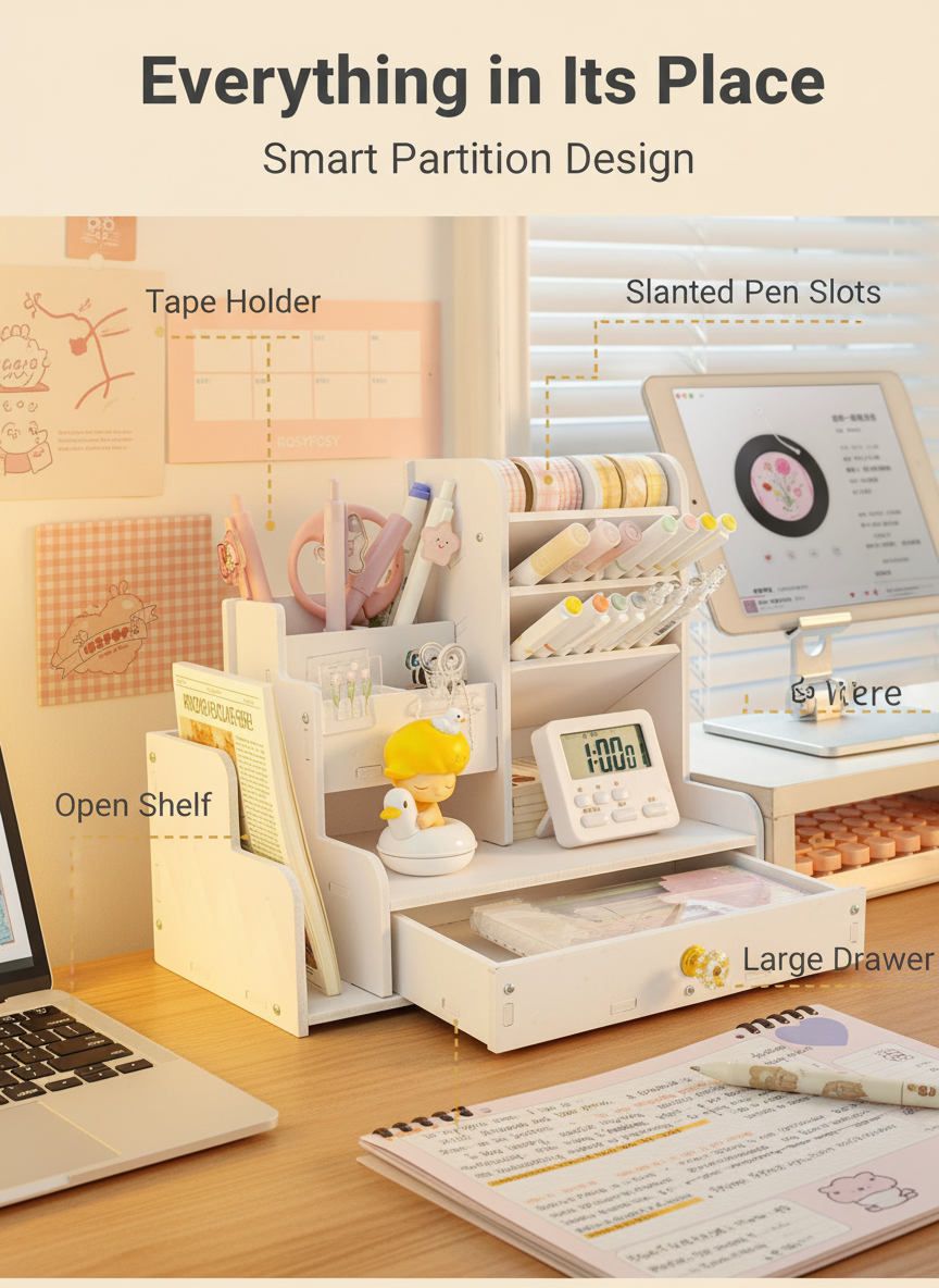 Kawaii Desk Organizer with Drawer - Cute Stationery Storage front view