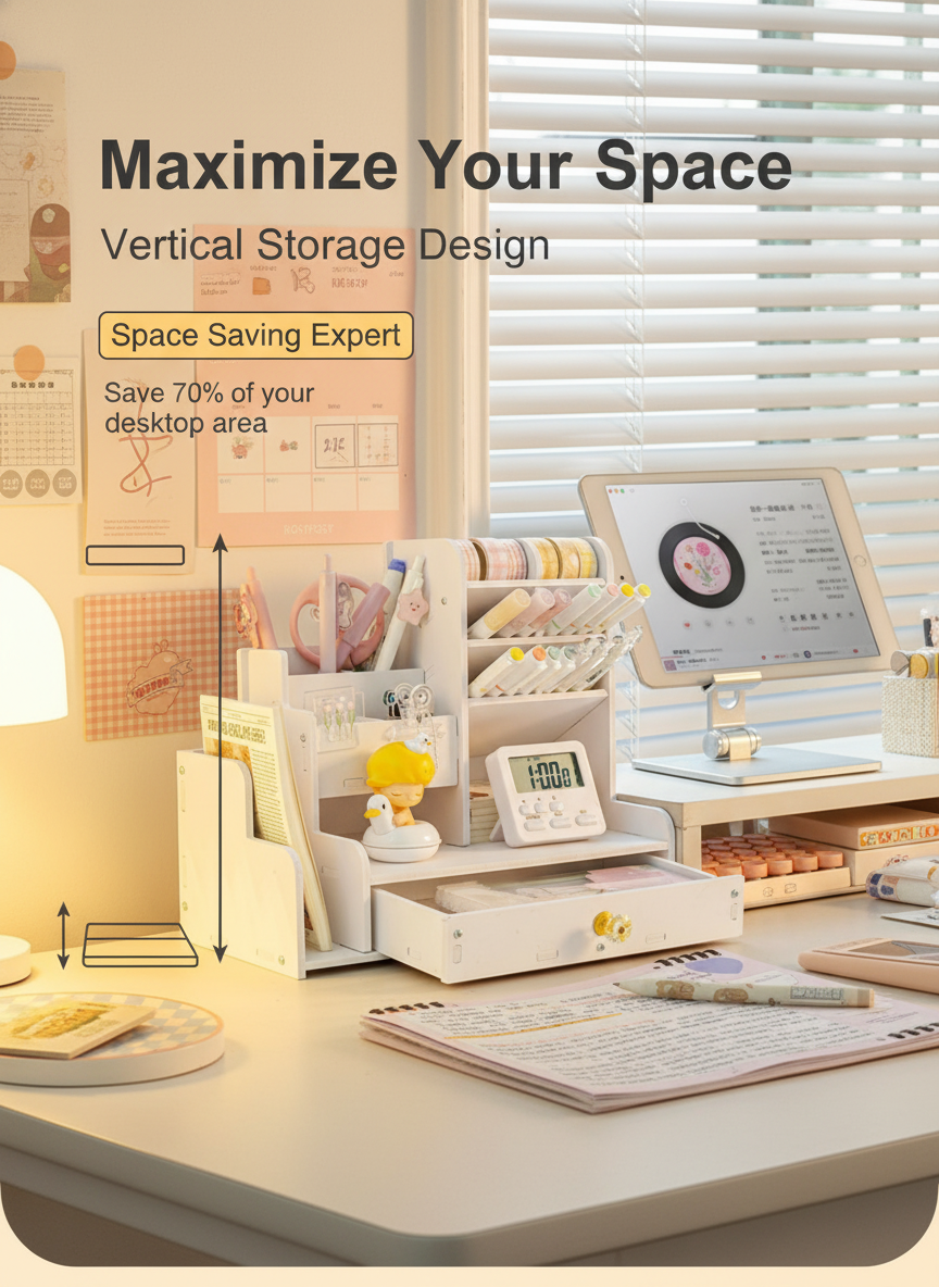 Kawaii Desk Organizer with Drawer - Cute Stationery Storage detail view