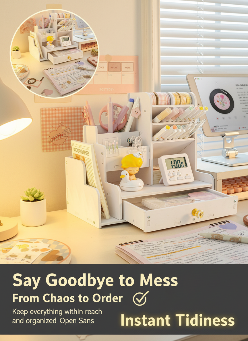 Kawaii Desk Organizer with Drawer - Cute Stationery Storage lifestyle view