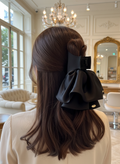 Black Satin Bow Claw Clip - Large French Hair Clip for Thick Hair front view