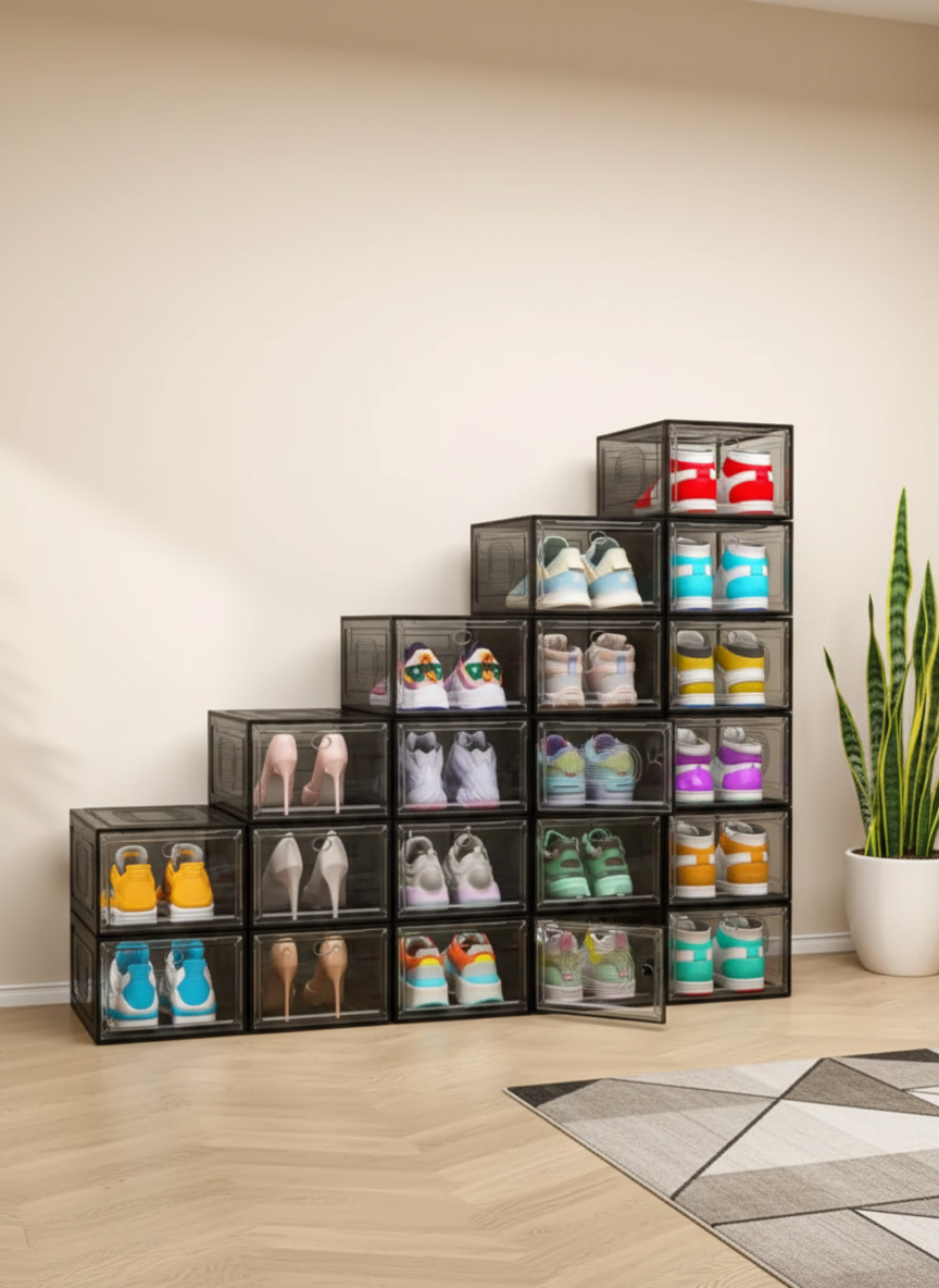 Clear Stackable Shoe Storage Boxes – Transparent Drop Front Organizer Bins