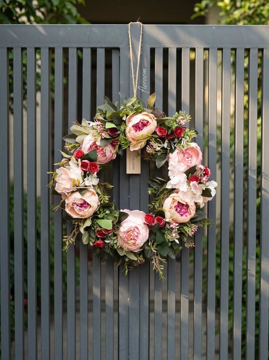 Artificial Peony & Rose Wreath 15-16 Inch – Front Door & Wall Decor