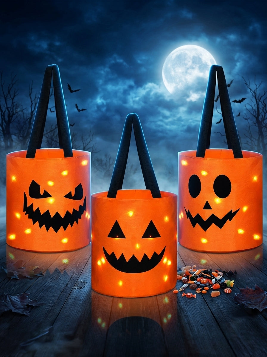 Halloween LED Light-Up Pumpkin Candy Bags – Set of 3, Trick or Treat Tote Buckets