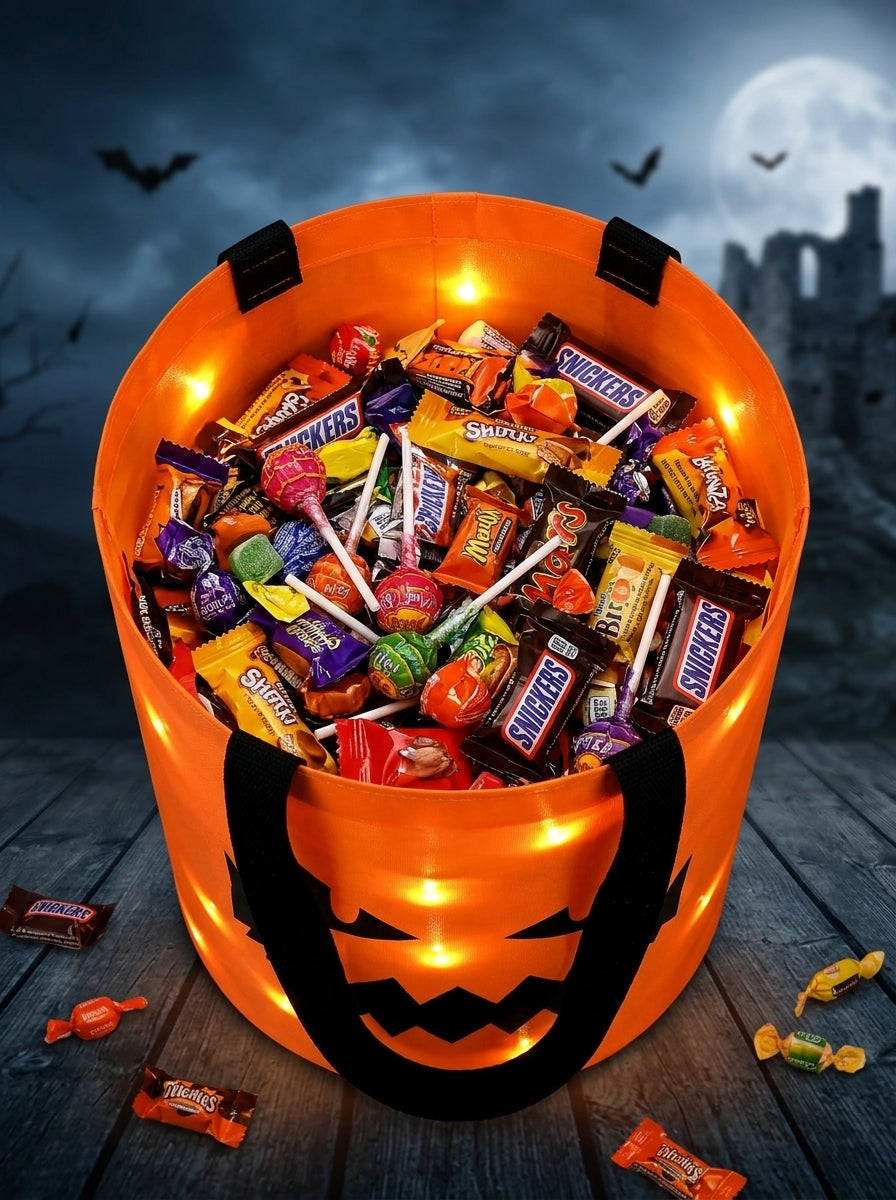 Halloween LED Light-Up Pumpkin Candy Bags – Set of 3, Trick or Treat Tote Buckets