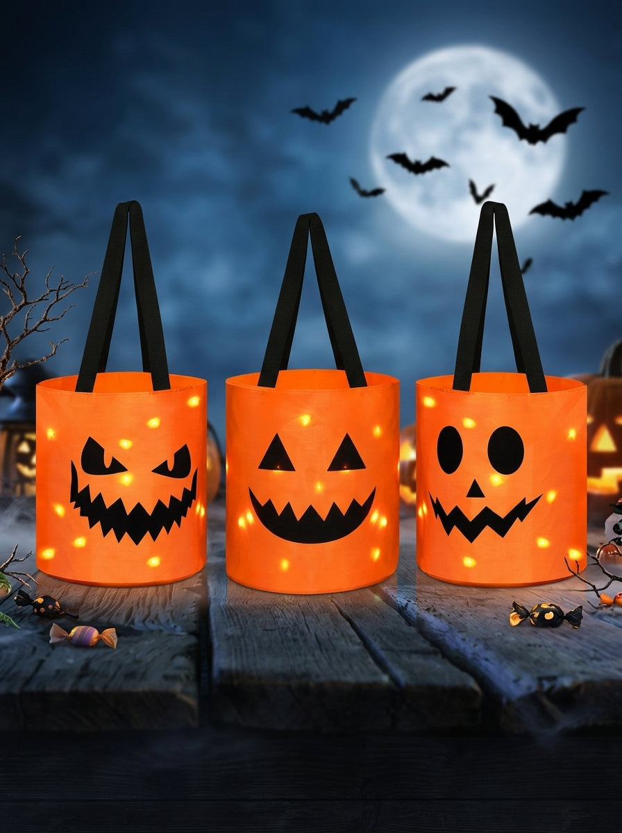 Halloween LED Light-Up Pumpkin Candy Bags – Set of 3, Trick or Treat Tote Buckets