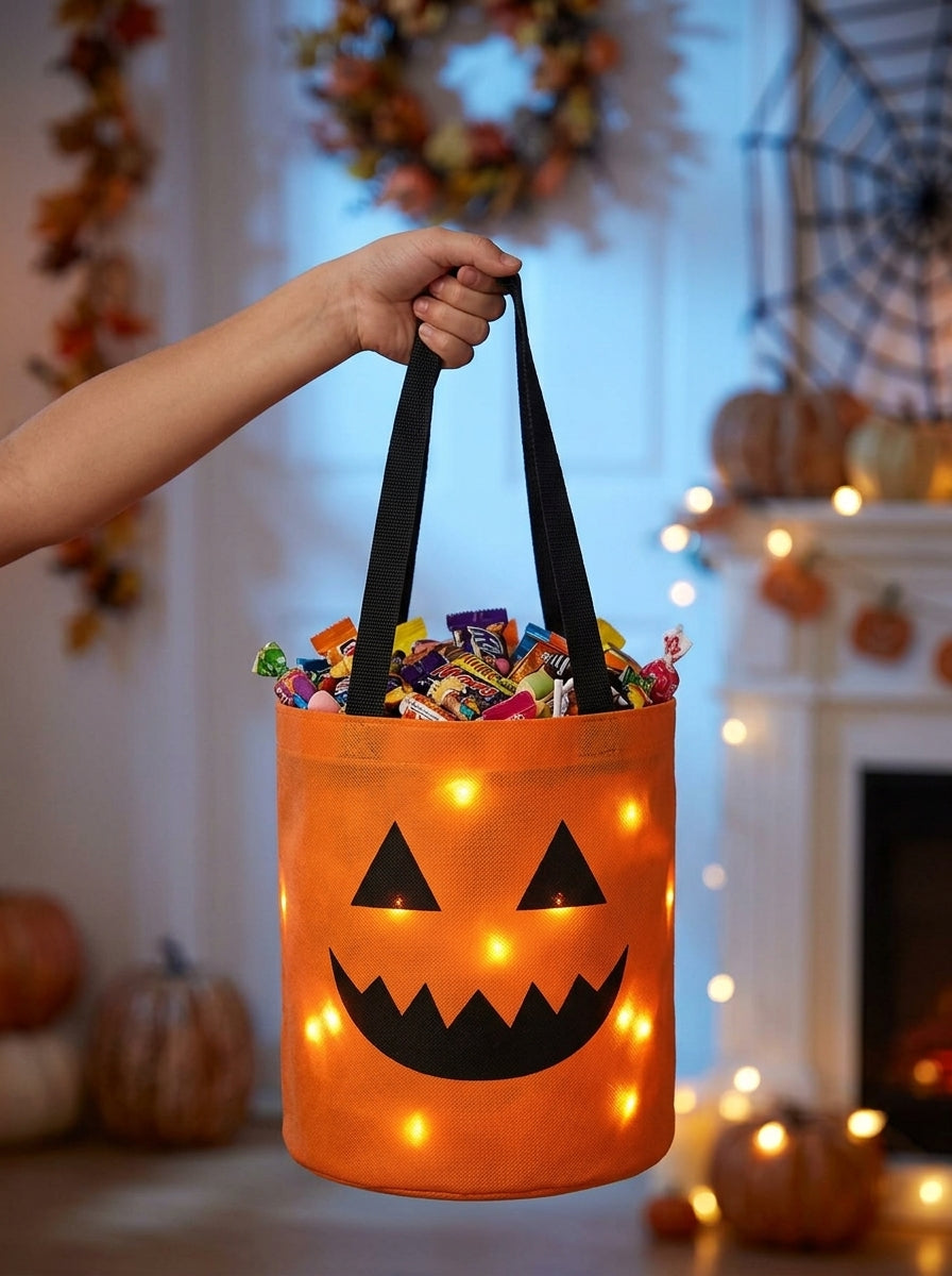 Halloween LED Light-Up Pumpkin Candy Bags – Set of 3, Trick or Treat Tote Buckets