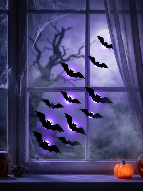 3D Halloween Bat Wall Stickers with LED Lights – Set of 12, Spooky Window & Wall Decor