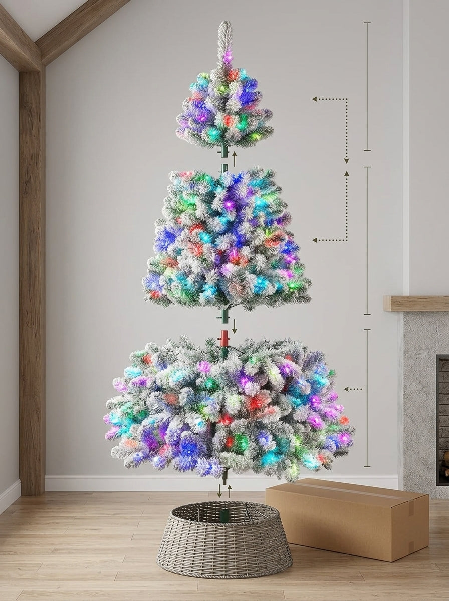 5ft Pre-Lit Snow Flocked Christmas Tree with RGB Remote Control – Hinged Xmas Tree
