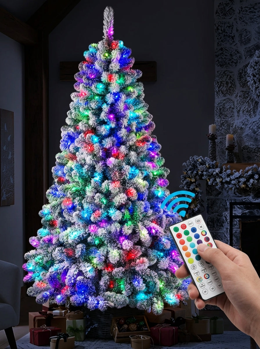 5ft Pre-Lit Snow Flocked Christmas Tree with RGB Remote Control – Hinged Xmas Tree