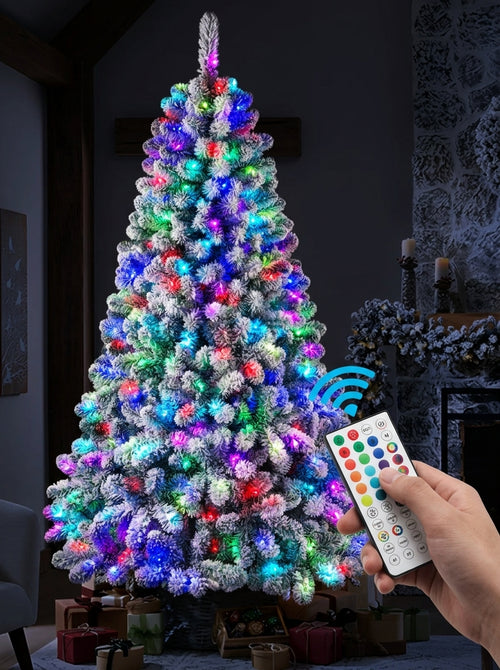5ft Pre-Lit Snow Flocked Christmas Tree with RGB Remote Control – Hinged Xmas Tree