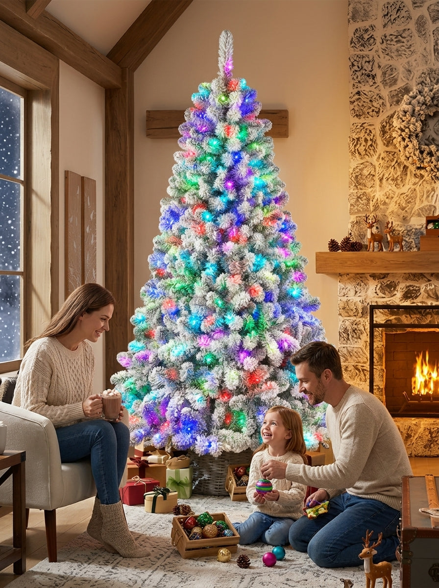 5ft Pre-Lit Snow Flocked Christmas Tree with RGB Remote Control – Hinged Xmas Tree
