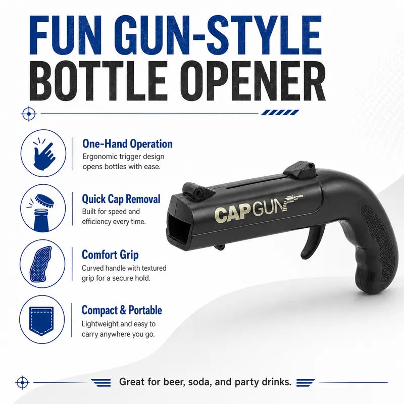 Novelty Gun Shaped Beer Opener - Funny Cap Launcher for Drinking Games & Parties