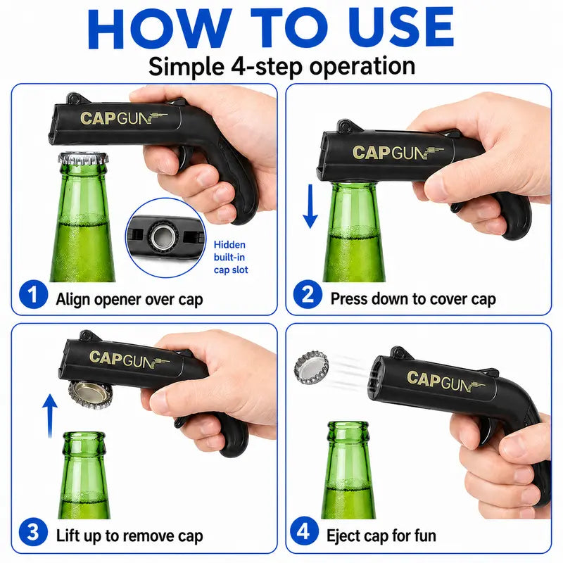 Novelty Gun Shaped Beer Opener - Funny Cap Launcher for Drinking Games & Parties