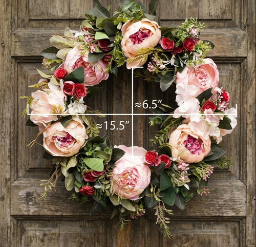 Artificial Peony & Rose Wreath 15-16 Inch – Front Door & Wall Decor