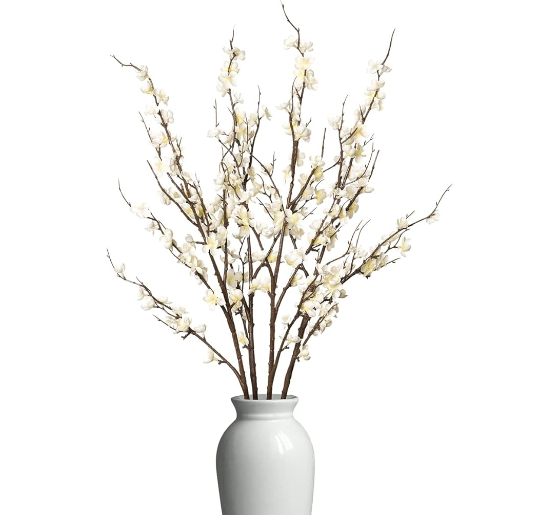 White Artificial Cherry Blossom Branches – Set of 4, Long Stem Floral Decor