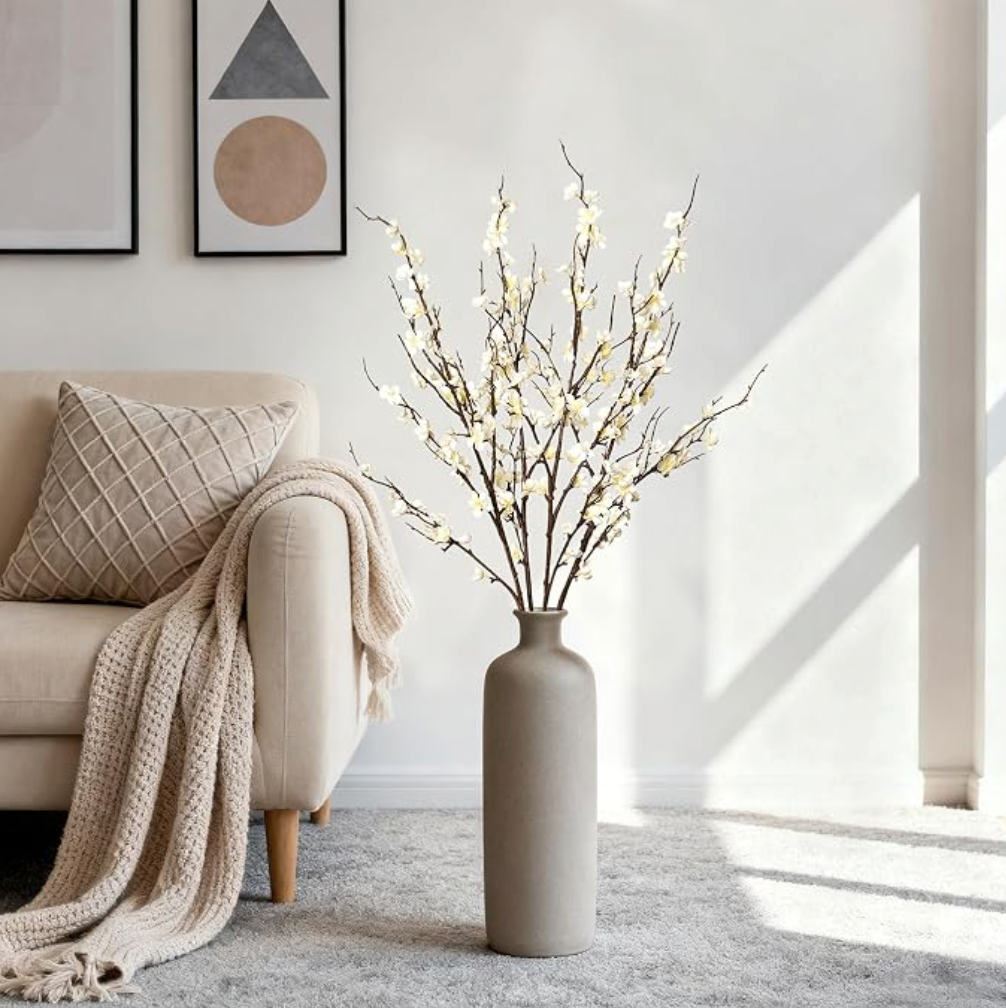 White Artificial Cherry Blossom Branches – Set of 4, Long Stem Floral Decor