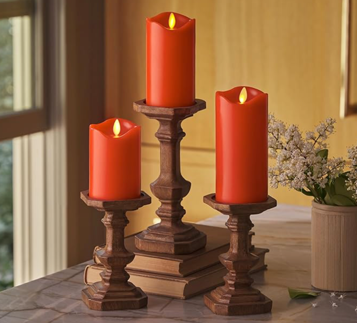 Flameless LED Pillar Candles Set of 3 – Real Wax, Moving Flame (Bright Red)