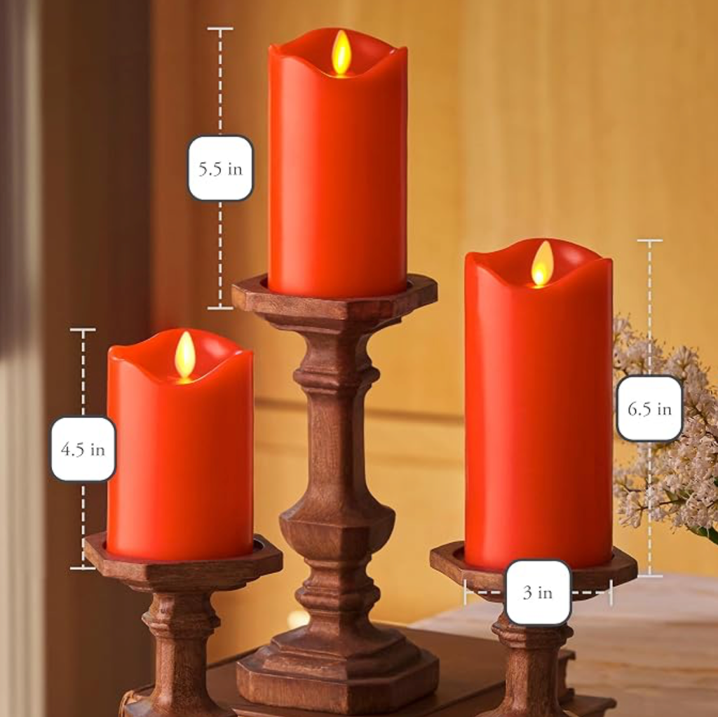 Flameless LED Pillar Candles Set of 3 – Real Wax, Moving Flame (Bright Red)